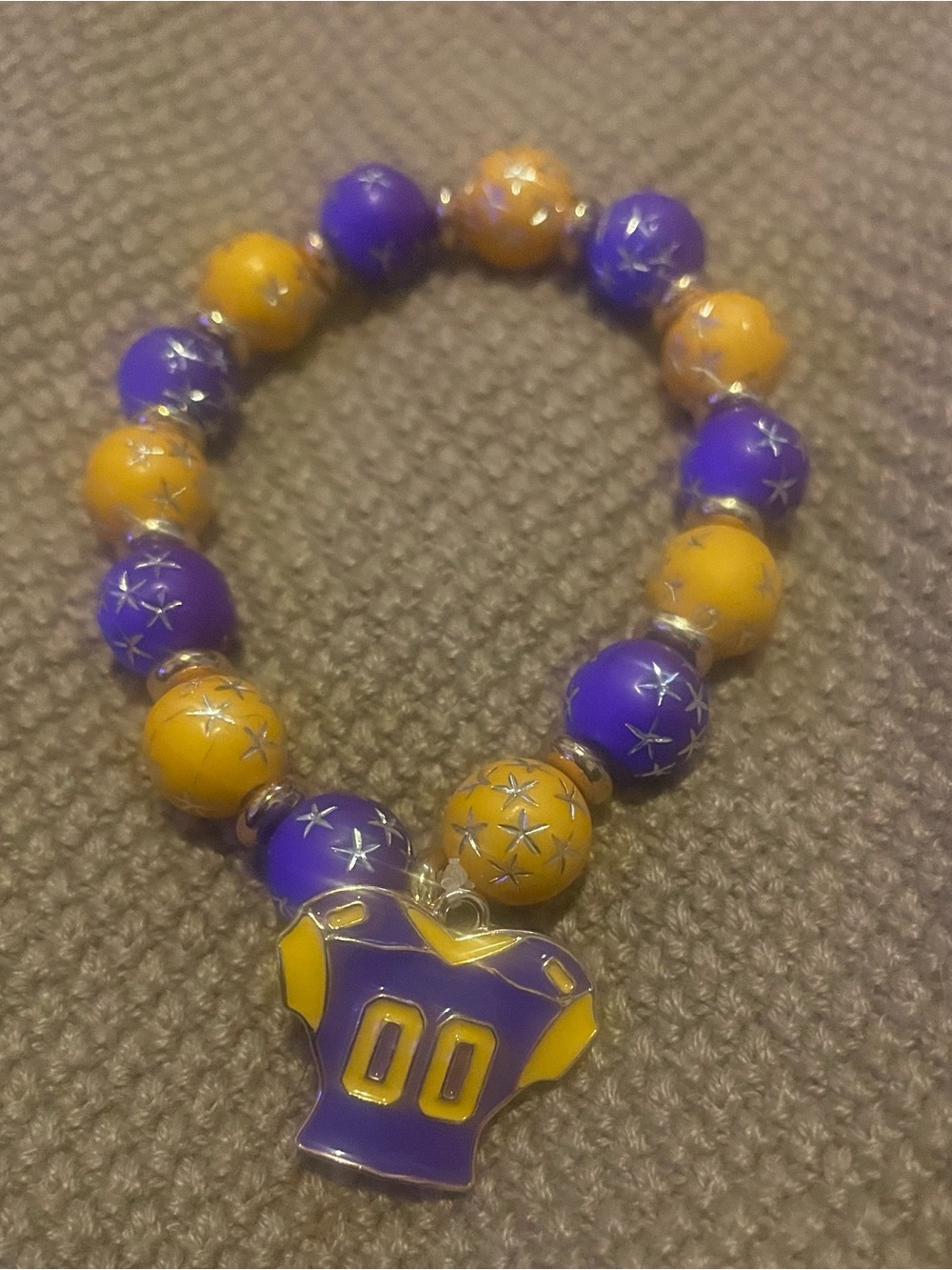 LSU Purple and Yellow Beaded Bracelet with Jersey Charm